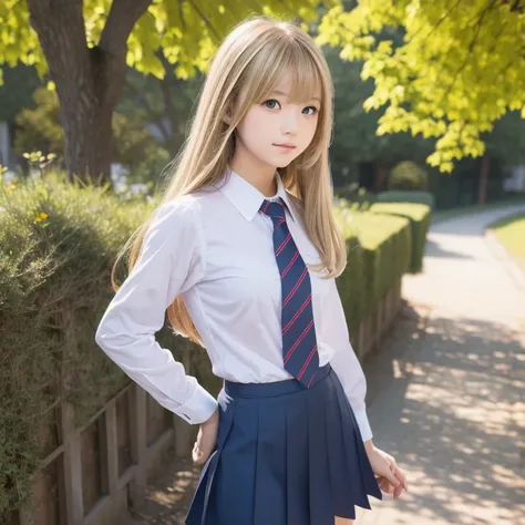 A blonde long haired school girl with bangs wearing dark blue skirt, white shirt and red tie, posing in nature on a sumny day. Solo