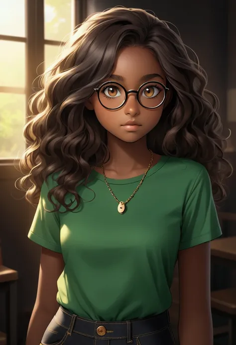 Make a 17-year-old with long dark brown hair with a green lock,  brown-eyed , Brown skin,  round glasses, wearing a green shirt and black jeans 