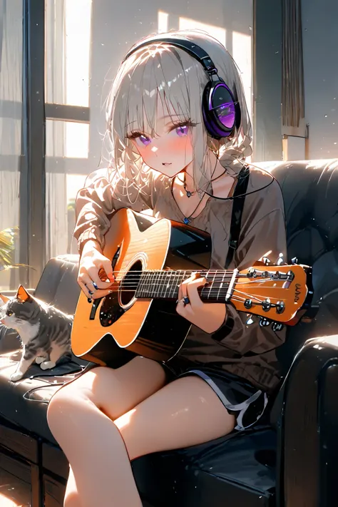 1girl, guitar, instrument, headphones, cat, shorts, sitting, couch, acoustic_guitar, solo, necklace, braid, jewelry, indoors, black_shorts, music, long_hair, holding, playing_instrument, bangs, holding_instrument, long_sleeves, looking_at_viewer, sweater, ...