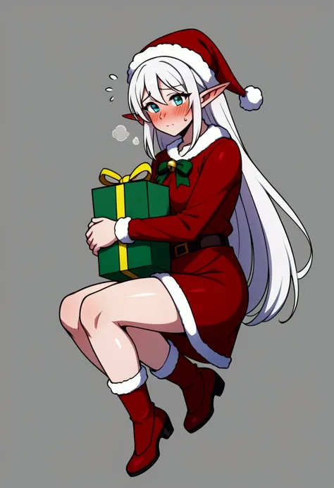 Gorgeous elf girl, blushing shyly, shy, Christmas Uniform, Santa helper, carrying a gift, Chimney background