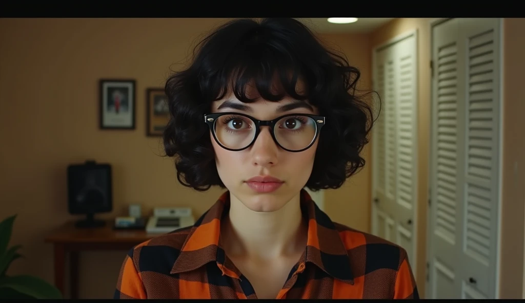 a young woman of 20 years old.  She has short curly black Chanel-style hair .  She wears a black and orange plaid shirt with the buttons closed.  She wears big round nerd glasses .  She has big eyebrows and eyes ,  flattened and pulled at the corners ,  a ...