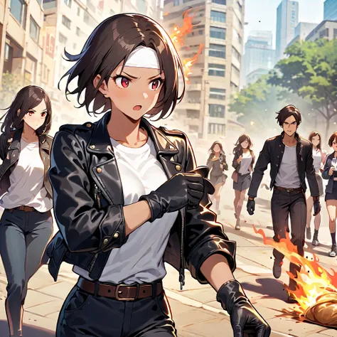  hurrying to school !Generate from a high angle,  her fingers are wearing black leather gloves without fingers ,  Her arms are pumping in the sleeves of her rolled up black leather jacket. Her dark hair is whipped back and forth while running ,  dynamic sh...