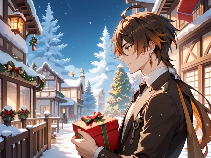  Zhongli character from Genshin Impact opening Christmas gift boxes alone, The image is far away, se le ve bastante concentrado y se encuentra en Liyue