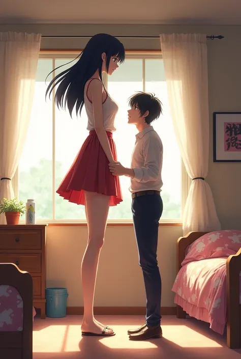 a very very tall japanese student girl, at her bed room by a shorter man, he is trying to reach her full height  in anime style