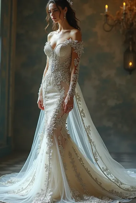 A full body fantasy wedding dress full of diamonds that is figure-hugging  siren silhouette. Intricate lace and sparkling crystals.