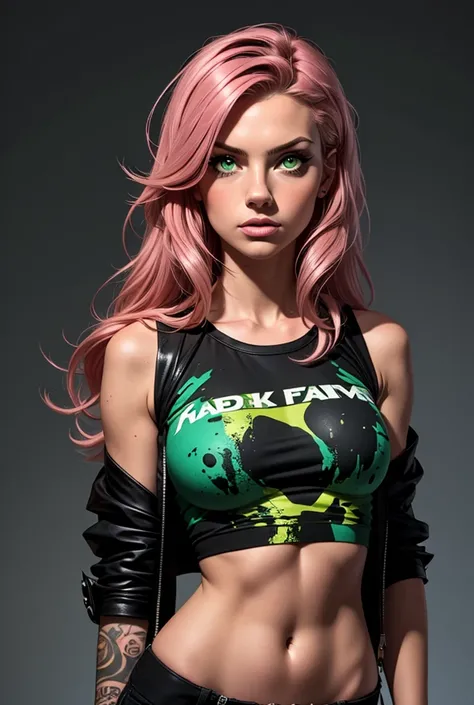 Midshot , studio , girl ,  , brown and pink hair, messy hair, long hair, green eyes, skinny body, punk rock outfit , messy clothes , dark grey background 