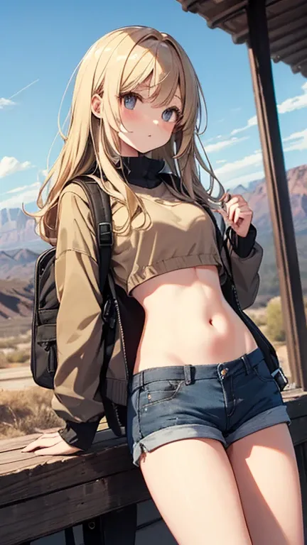  beautiful girl exploring the vast desert、Medium-long blonde hair、Beige exploration suit with belly button out 、 backpack 、 Shorts 、whole body、 seen from afar