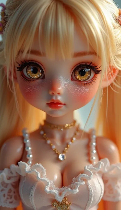 close up,Macro , beautiful bimbo anime girl-angel shimmery , glitter in bulk , complex pigtails , with bright sparkling eyes ,  with long eyelashes ,  plump lips freckles , wet skin with glitter and sparkles, with ruffles ,lace, golden gloss skin ,pearl sk...