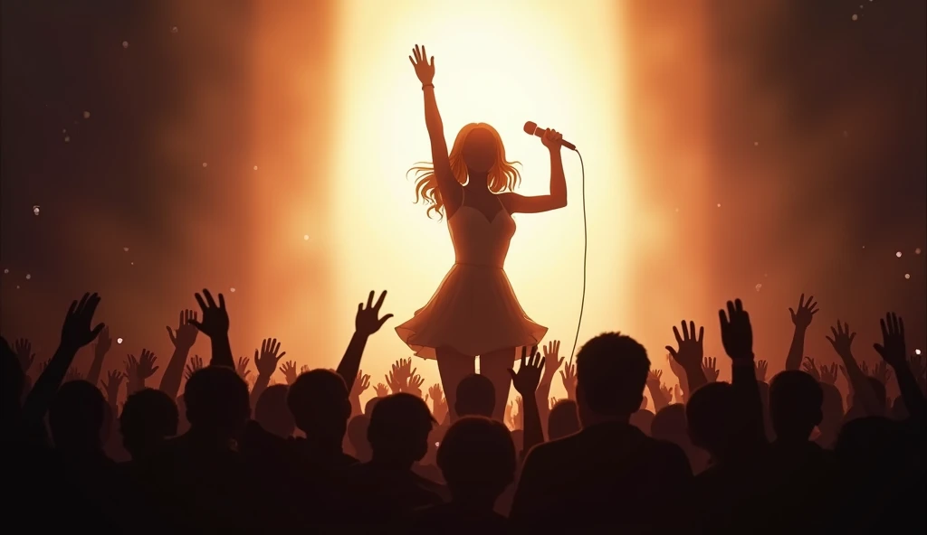 The silhouette of an idol woman holding up her hand with a microphone raised in a victory pose at the stage venue stands in the center of the stage with a halo, and a man looking back at her between the silhouettes of many people underneath the stage..