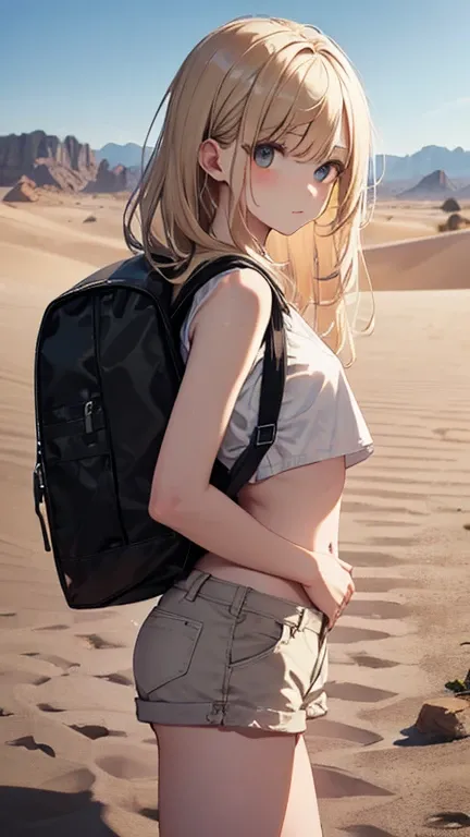  beautiful girl exploring the vast desert、Medium-long blonde hair、Beige exploration suit with belly button out 、 backpack 、 Shorts 、whole body、 seen from afar