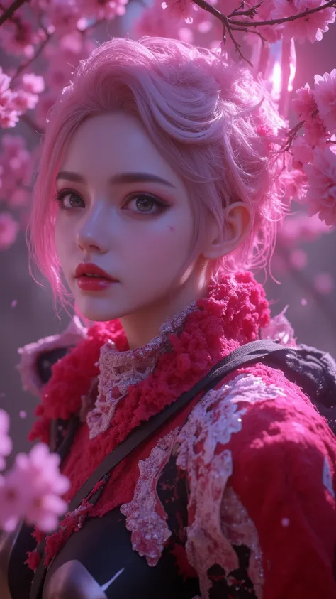 beautiful japanese young woman, wearing ninja armor, thick symmetrical features, very short hair, background is cherry blossoms, pink aura, red lips, octane render,