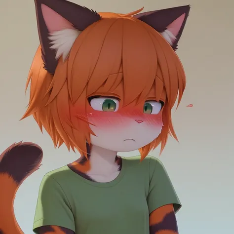 high detail, Furry, cat girl, orange hair, small breasts, green shirt, flustered, blushing, front view, standing up, looking away from camera, head turned