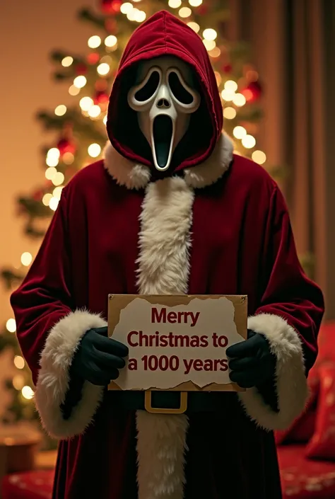 Ghostface from the movie scream  wearing Santa suit background Christmas lights around Christmas tree holding a sign text merry Christmas to A 1000 years 