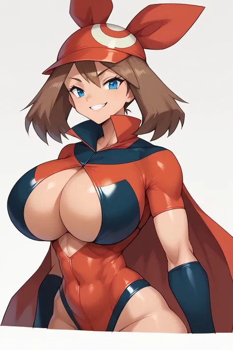 score_9, score_8_up, score_7_up, score_6_up, BREAK, zzMay, solo, blue eyes, brown hair, short hair, 
helloutfit, high collar, underboob, elbow gloves, highleg panties, thigh boots, midriff, cape, bare shoulders, torso, smug smile, 
(gigantic bust, huge bus...