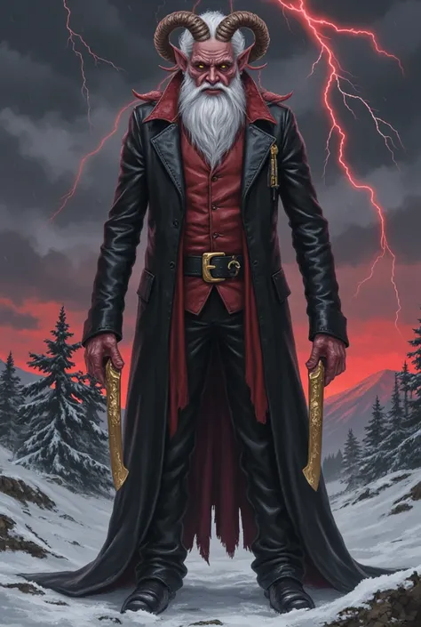 Full-length portrait of @chato as a Santa Claus demon as a demon with human features, in a black and red suit hanging gold metal knives, in the background a storm with dark gray clouds, with red lightning, black snow and red mountains.