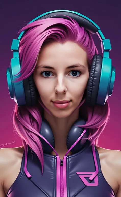 A stunning detailed image with the theme of visual identity, a logo using creative writing Darya", thechno-font, with a beautiful Russian female DJ with long pink/purple hair, looking at the camera, bikini top, headphones, smile, dancefloor, dynamic, surre...