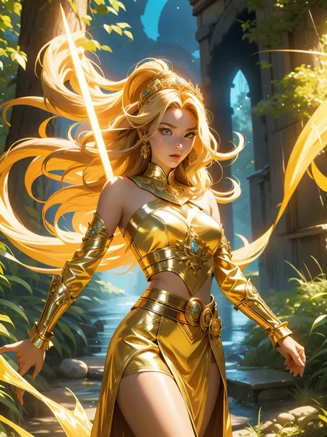 A stylized cartoon depiction of a tall, sensual human female with long, flowing blonde hair, piercing blue eyes, and radiant, slightly yellow-toned evanescent skin. She stands gracefully, slightly turned to the side, wearing dark brown leather armor and a ...