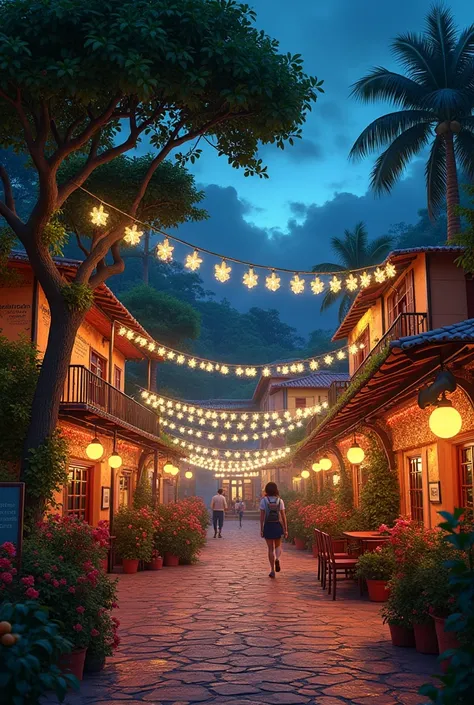 DOMINICAN CHRISTMAS VILLAGE OF CORATIVO CHRISTMAS LIGHTS AT NIGHT BEAUTIFUL DETAILED LEAFY LIGHTS IN THE CACHE AND IN THE TREES FLOWERS IN CAS CASA 
