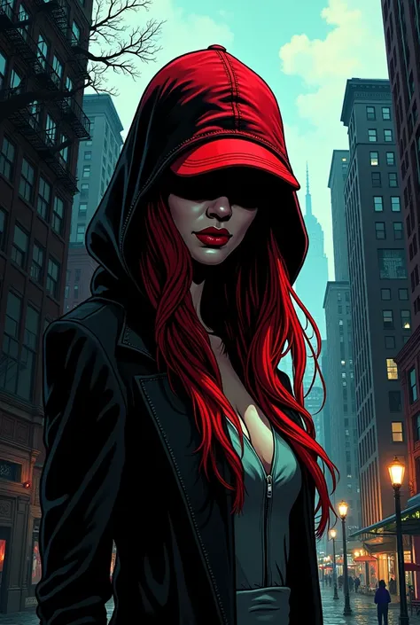  ILLUSTRATION of high graphic comic STYLE, HOODED WOMAN WEARING A RED CAP  , red hair, IN THE SHADOWS OVER A NEW YORK BUILDING