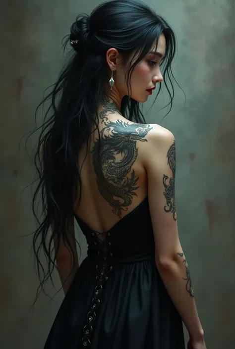  A girl with a dragon tattoo on her back,  with black long hair,  in a black dress with an open back  