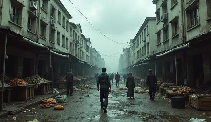  A desolate city street with empty market stalls and people looking for food.  The sky is cloudy , And the scene conveys the harsh reality of hunger .  photorealistic , --with 16:9.