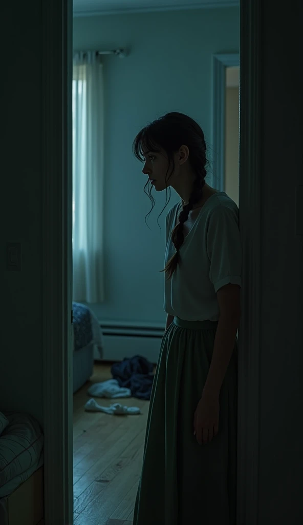 A concerned and worried woman in her early 30s with long, dark hair tied in a loose braid. She has soft facial features and is dressed in a casual long skirt and a plain blouse. Her expression shows fear as she peers out of a slightly open bedroom door int...