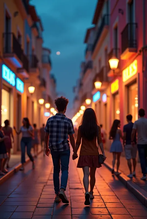 María and José walking at night on Belén street where there are more people