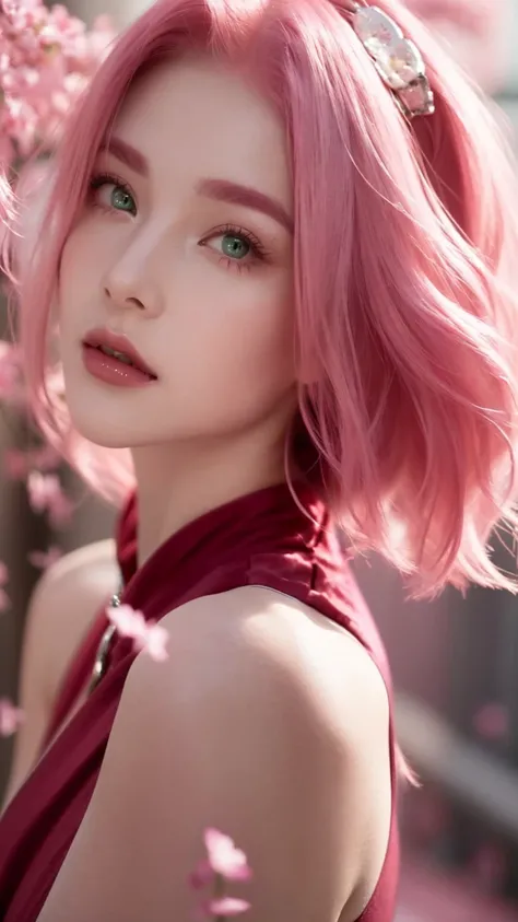 a close up of a woman with pink hair and a red dress, cute girl with short pink hair, beautiful girl with green eyes, beautiful with pink hair, beautiful girl with long hair 