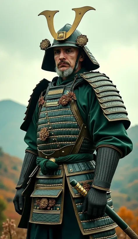 samurai, male wearing green armor, without helmet. ( highest quality、 masterpiece )、4K、