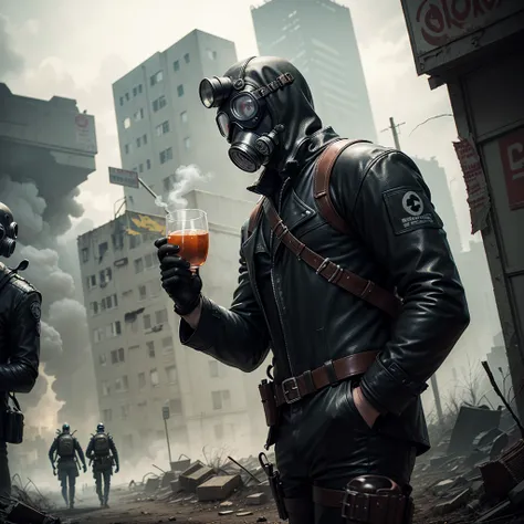 a man in a black gasmask and a black leather suit with black gloves holding a cup of tea. The background is a wasteland with zombies walking around. Lots of zombies having a tea party