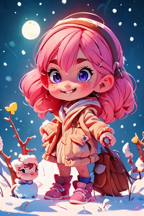 Perfect faces. Perfect hands. A young pink haired girl with violet eyes is building a snowman with a big smile