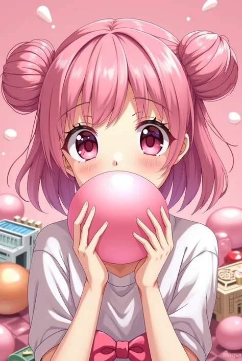 Anime female, pink hair buns, bubblegum, pink background, monopoly pieces, 