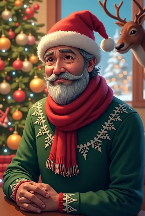 anime man, moreno ,gray hair,barba canosa ,Christmas clothes, Christmas tree and reindeer 