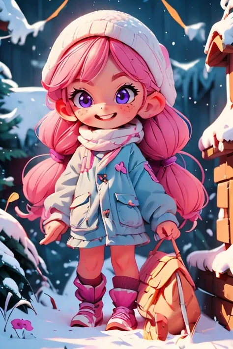 Perfect faces. Perfect hands. A young pink haired girl with violet eyes is building a snowman with a big smile