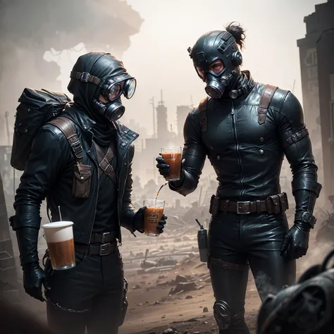 a man in a black gasmask and a black leather suit with black gloves holding a cup of tea. The background is a wasteland. Mutant zombies in the background. 