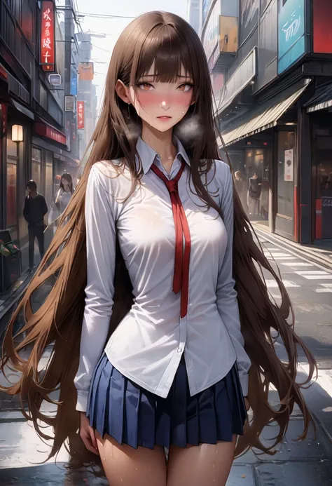 ((masterpiece, top quality :1.3,  top quality のイラスト, realistic :1.4)),The cowboy shot,solo,1 Female,(20 years old、Japanese Beauty)、Brown Hair, long hair,( center part bang ), brown eyes,  gorgeous eye,((  very small head :1.3)),shy, heavy breathing,((Very ...