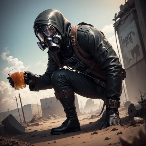 a man in a black gasmask and a black leather suit with black gloves holding a cup of tea. The background is a wasteland.