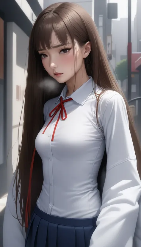 ((masterpiece, top quality :1.3,  top quality のイラスト, realistic :1.4)),The cowboy shot,solo,1 Female,(20 years old、Japanese Beauty)、Brown Hair, long hair,( center part bang ), brown eyes,  gorgeous eye,((  very small head :1.3)),shy, heavy breathing,((Very ...