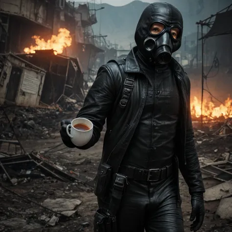 a man in a black gasmask and a black leather suit with black gloves holding a cup of tea. The background is a wasteland.