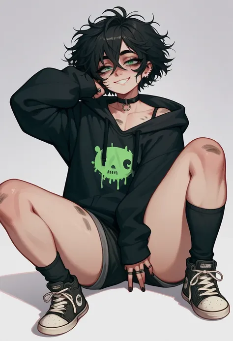 Boy, guy, femboy, anime, long black loose messy hair, hair strands in face, front hair strands dyed red, green eyes, loose big black hoodie, sweater all down to thighs, black loose medium shorts, dirty converse shoes, black socks, big thighs, tired eyes, w...