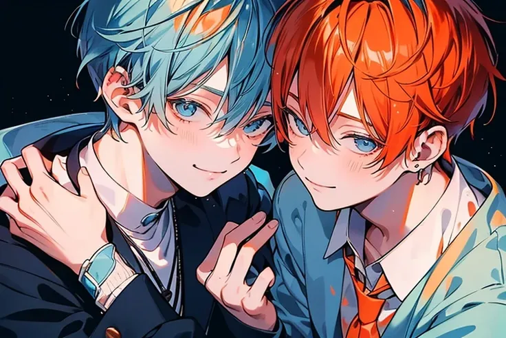 (Must-have items), ( top quality ),  very detailed, (( two men getting intimate)),  perfect face,  beautiful faces,  very detailed顔，(Man with light blue hair :1.3)，(Orange haired man:1.3)，suit， shirt，smile