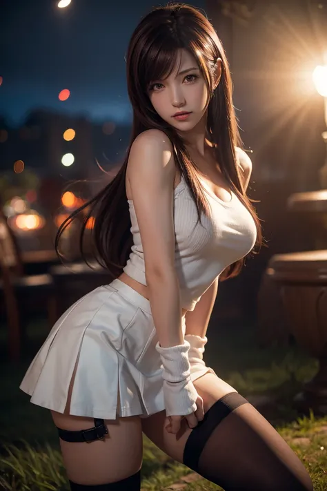 tifa lockhart, wallpaper, landscape, depth of field, night, light particles, light rays, side lighting, thighs, skirt, red eyes, brown hair, thigh high socks, arm sleeves
