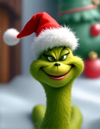 Little worm with the face of a baby grinch wearing a Christmas hat