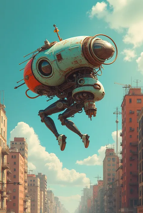 Flying engine cyborg in future giga city cyberpunk neo punk vintage 2150s fashion sketch notes, vibrant and dreamlike with elements that evoke psychedelic influences, pastel grunge with seafoam by Android Jones, Jean Baptiste monge, Alberto Seveso, James J...