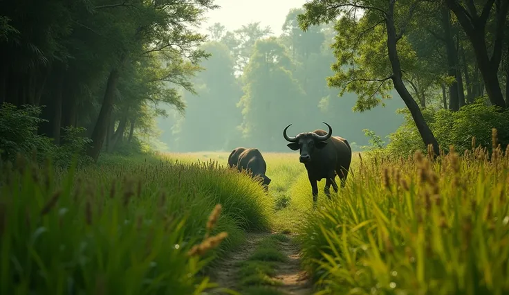 Visual Prompt:
“An immersive shot of the dense jungle within the Koshi Tappu Wildlife Reserve, with tall grasses swaying in the breeze. The camera slowly moves through the wild terrain, highlighting the vibrant wildlife, with a focus on the rare wild buffa...