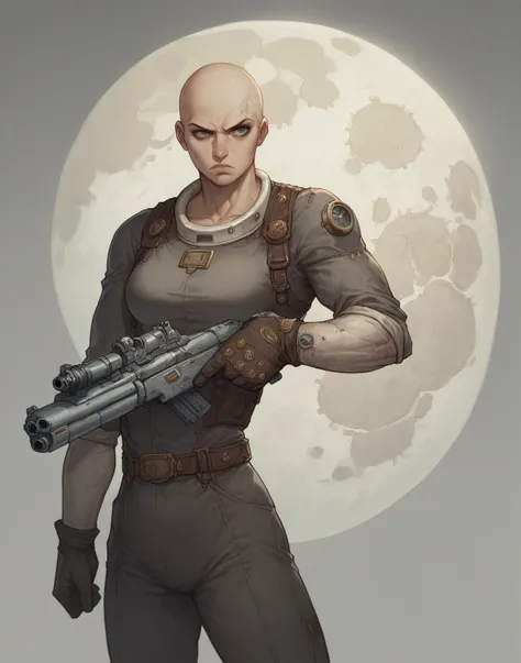 futuristic background, space, holding futuristic gun, steampunk, astronaut, dark, dark theme, strong character, woman, barren world in background, barren planet, serious expression, character, female, muscle, bald, 