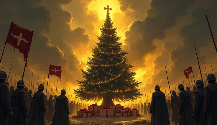  Create a dark and powerful illustration depicting Christmas as a symbol of historical oppression . in the center,  a giant Christmas tree decorated with crosses and blood ,  gifts adorned with chains . around, scenes of wars and genocides .  Soldiers with...