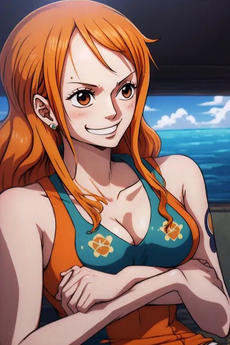 (ANIME ART STYLE) nami (ONE PIECE), with long orange hair, brown eyes, wearing wano clothes , (wano arc) blush face, smiling.