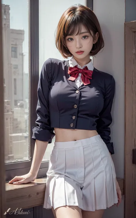 Beautiful Asian woman, JK uniform, city view window 