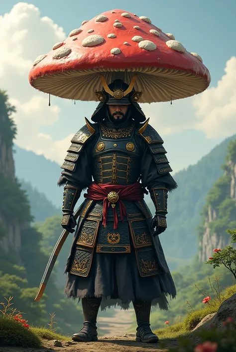 Make a samurai with a big mushroom on the head that covers the head
